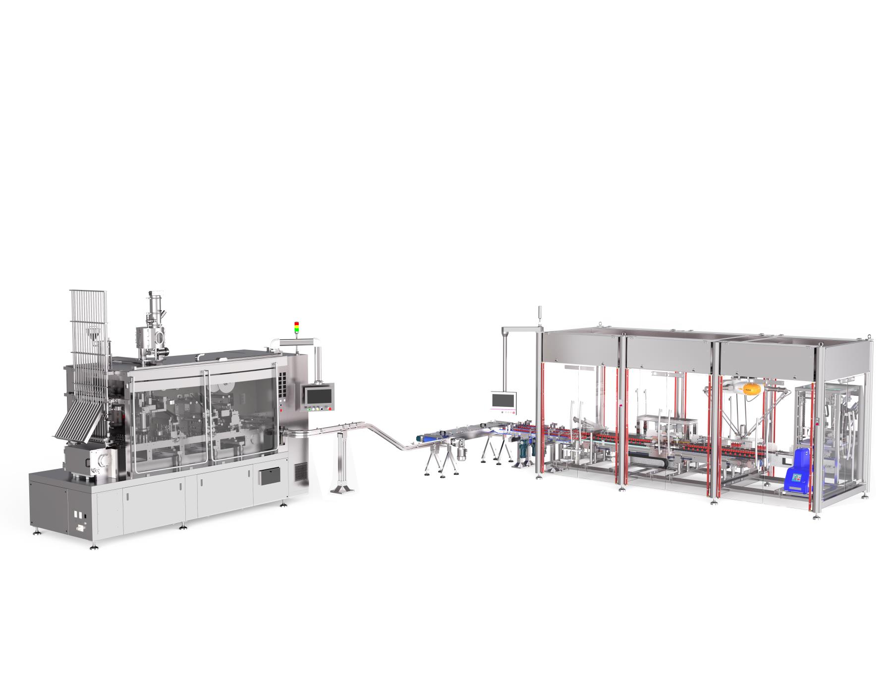 智能包装新纪元：六列全自动灌装封口设备 一片式装盒机的完美共舞